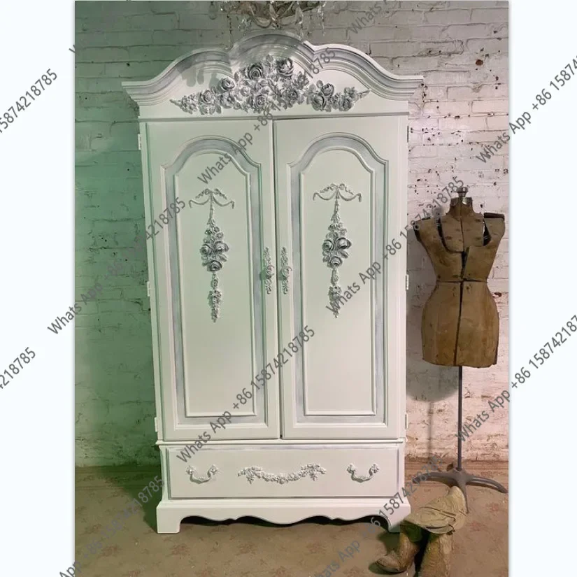 

N64 Custom French wardrobe American retro old solid wood carving flower double door wardrobe bedroom locker household storage ca