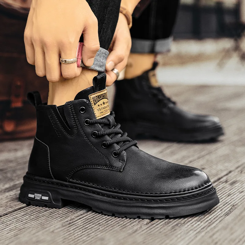 Fashionable snow leather boots for men's 2023 winter new British style high cut retro handsome versatile warm work boots