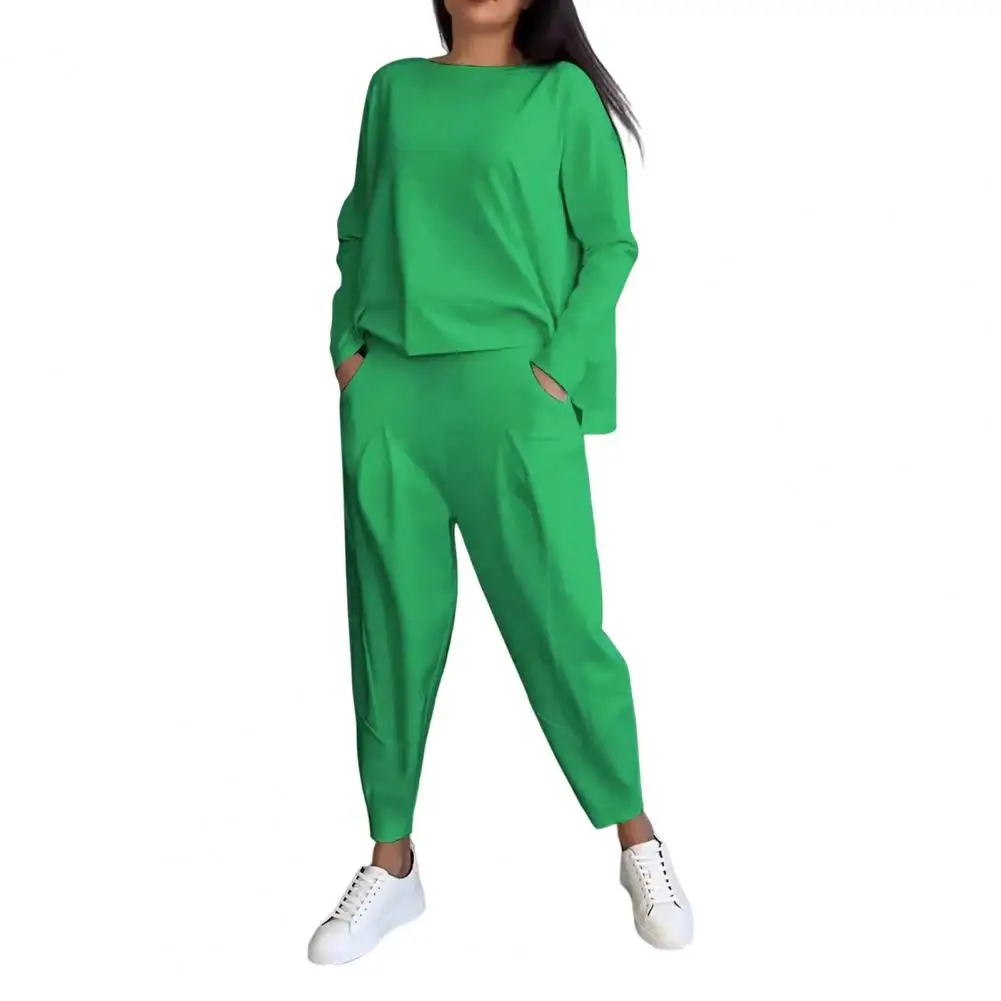 Two-piece Women Top Pants Set Long Sleeves T-shirt Elastic Waist Harem Trousers Commuting Sport Outfit casual loose pantsuit