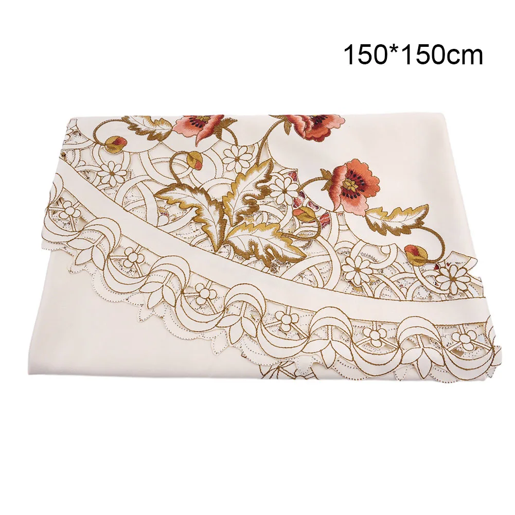 Rural Embroidered Floral Lace Round Table Cover in Satin Material for Banquets Celebrations and Dining Table Decor