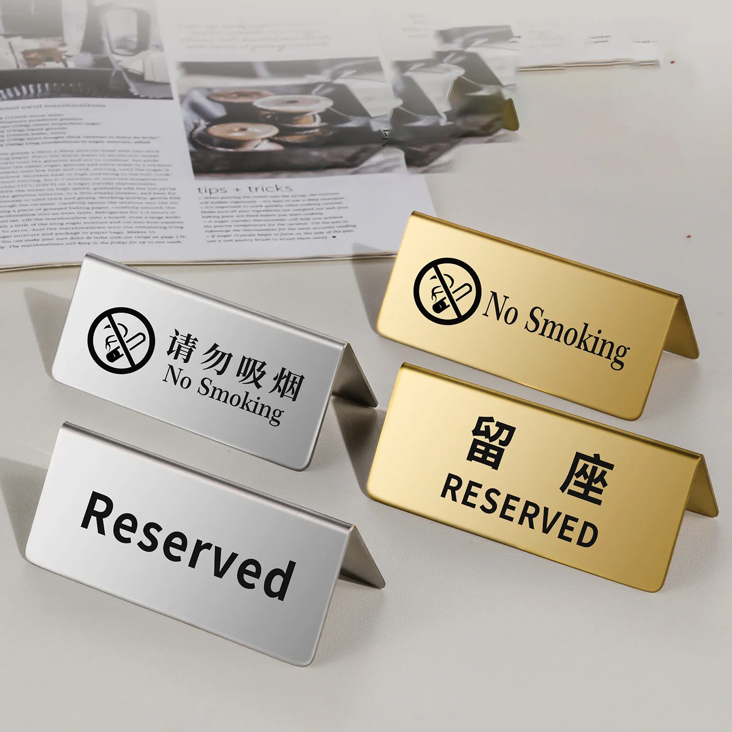 10pcs Double Sided Table Card Metal Reserved Signs Wedding Restaurant Table Stand Seating Signs Warning No Smoking Place Signs
