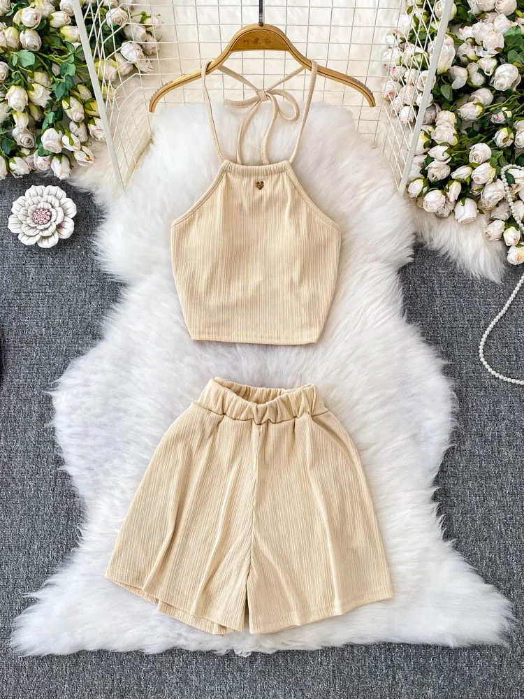 

Sexy Pure Desire Bal ort Top with Chest Pad Hanging Ne Vest Two Piece Set Slimming High Waist Wide Leg Pants