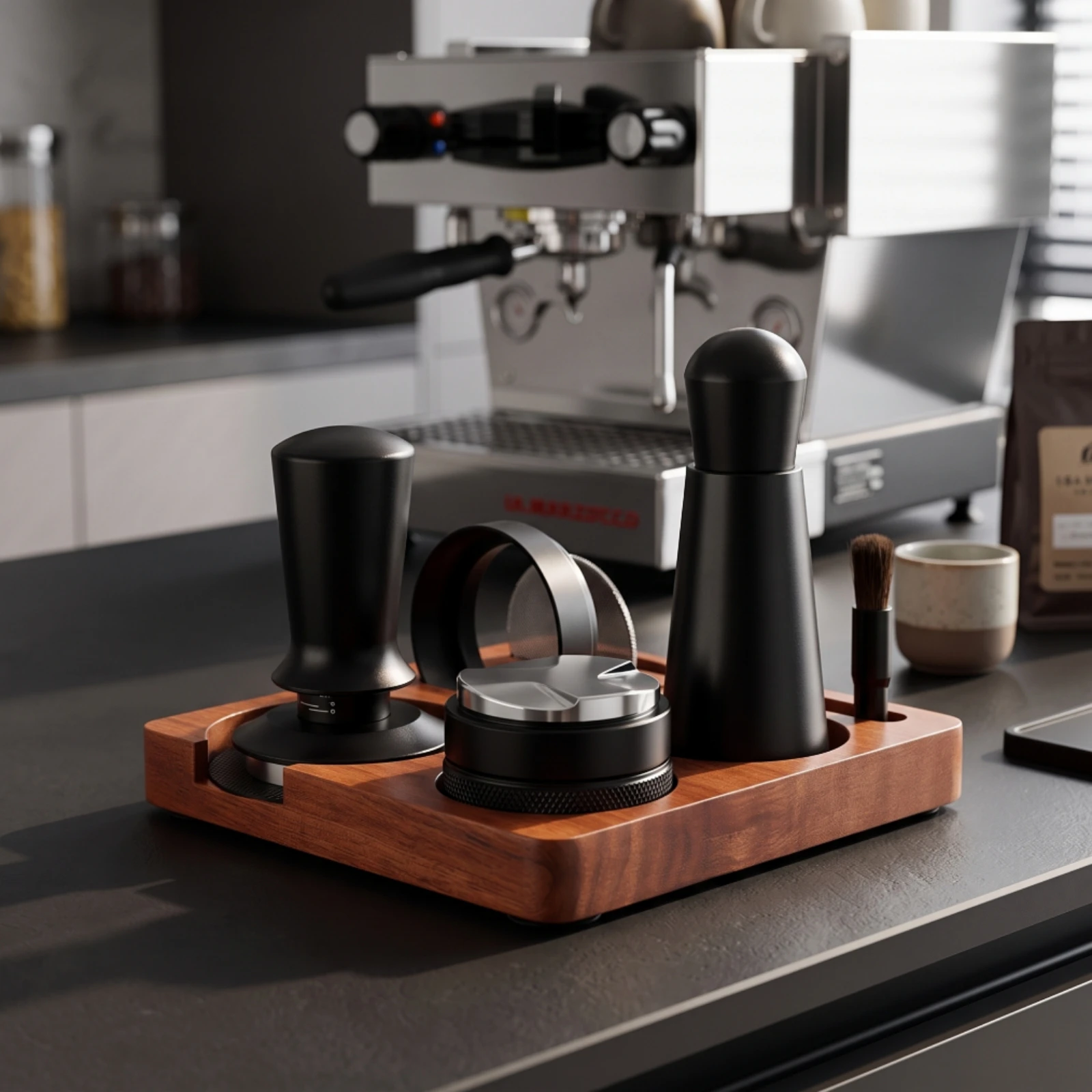 7 Pieces Espresso Tamping Station Wooden Espresso Organizer with Multi-Accessory Storage Tamping Base with Slots 51mm