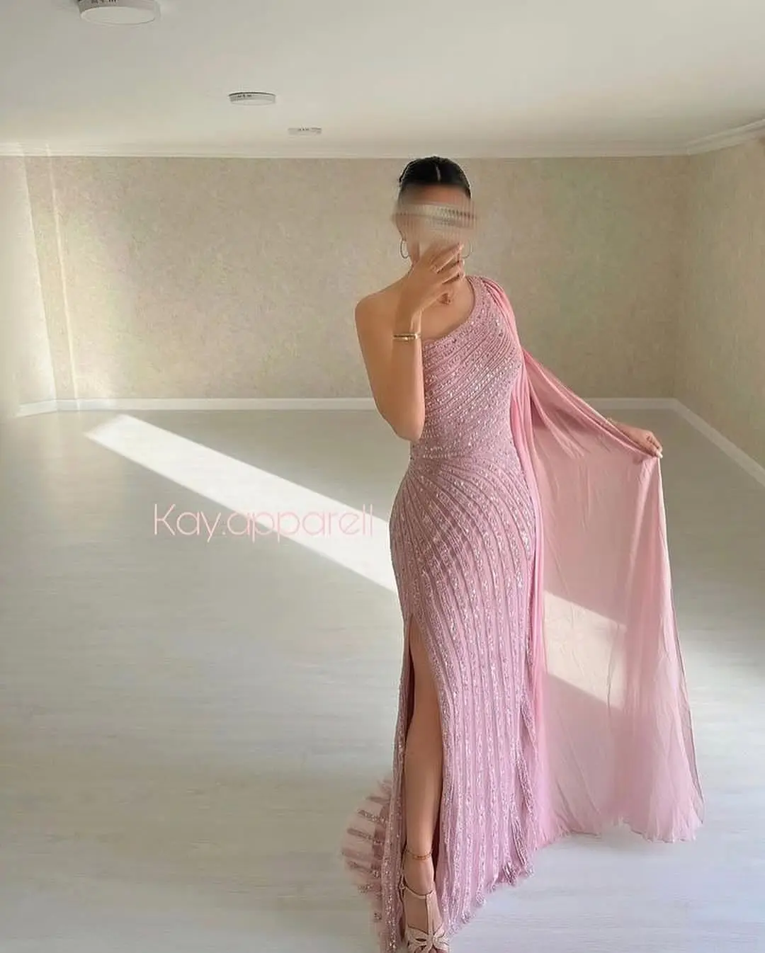 

Meetlove Pink One-shoulder Beading Evening Gowns Side Split Floor Length Customized Shawl Sleeveless Luxury Prom Dresses