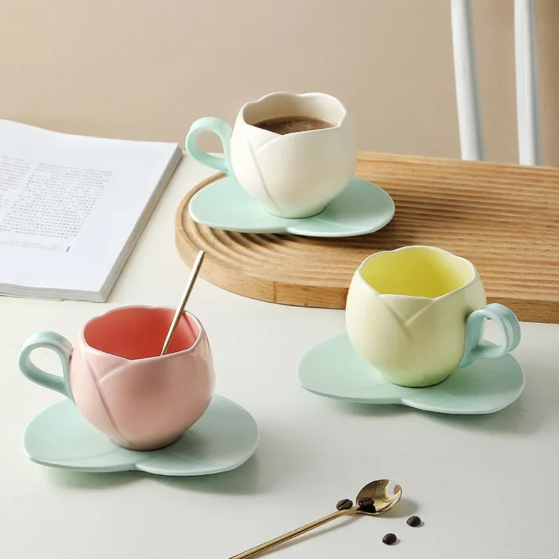 European-Style Pink Tulip Ceramic Coffee Cup & Saucer Set - Luxury Girly Mug for Breakfast, Tea & Milk