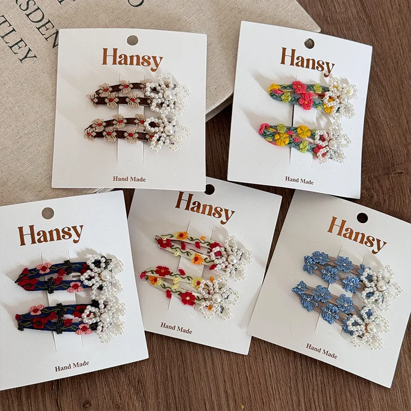 

Spring Floral Embroidered Pearl Flower Hair Clips Sweet Little Girls Side Barrettes Non Slip No Damage Daily Wear Essentials