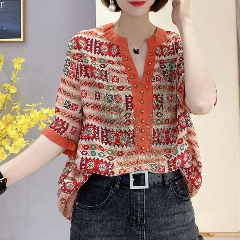 2023 Women Vintage Rhinestone Print Patchwork Blouse Summer Fashion V Neck Short Sleeve Shirt Casual Loose Pullover Tops Blusas