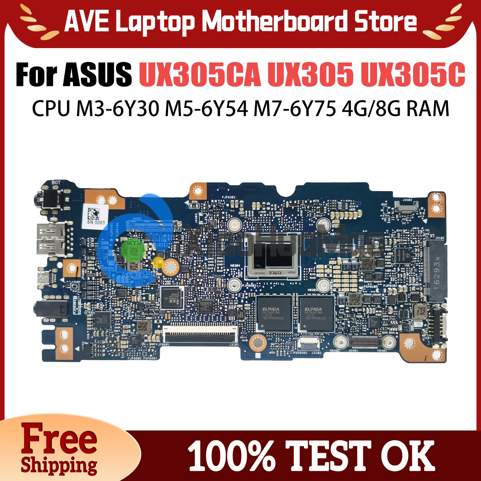 Computer Mainboard REV 2.0 for ASUS Zenbook UX305CA UX305 UX305C Laptop Motherboard With M3-6Y30 M5-6Y54 M7-6Y75 CPU 4G 8G-RAM