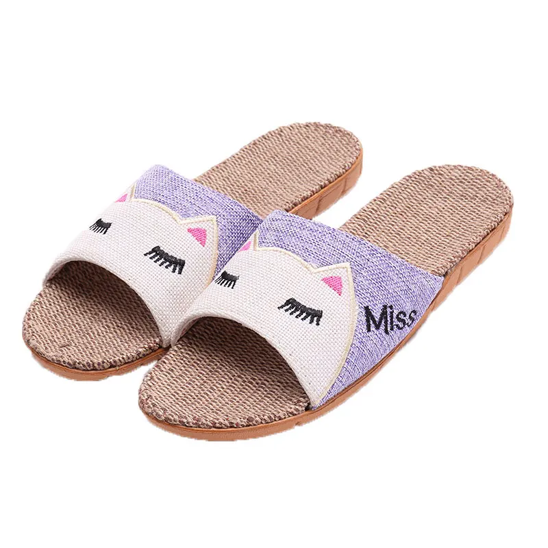 Slippers Women Fashion Bohemia Cartoon Cat Flax Linen Flip Flops Beach Shoes Sandals Casual Woman Non-slip Flats Female Slippers