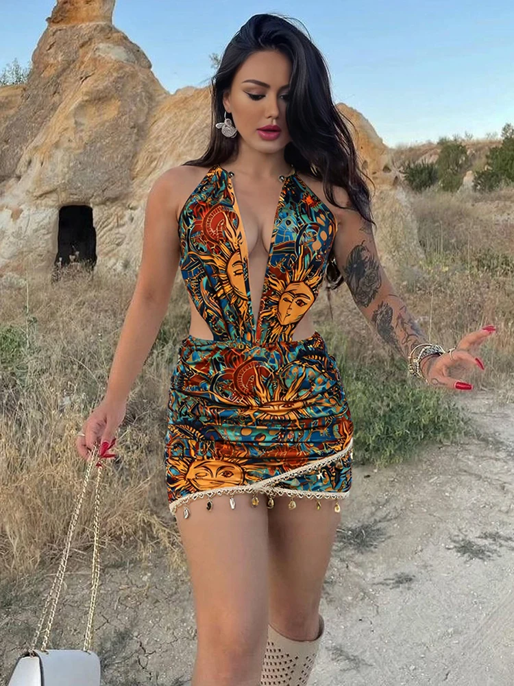 Cutenew バックレス カラフル プリント ドレス レディース セクシー メタルリング ホルターネック ディープVネック ラッフル パッチワーク スパンコール タッセルヘム ボディコン