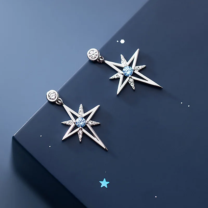 Real 925 Sterling Silver Fashion Charm Star Blue CZ Stud Earrings For Women Wedding Party Fine Jewelry DS559