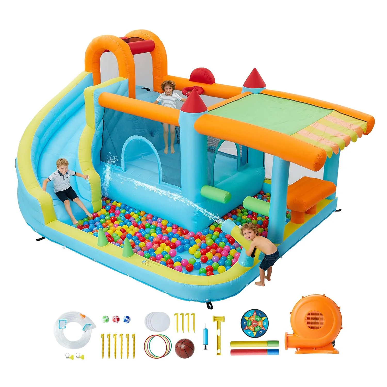 

Надувной батут для детей с горкой и воздуходувкой, игровой комплекс 12-в-1 для дома и улицы, для веселья на заднем дворе и вечеринок
