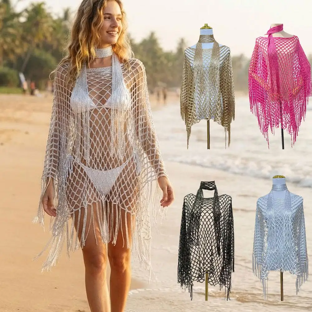 Tassel Pullover Beachwear For Summer Events Resort Wear,Women's Fashionable Hollow-Out Shawl, Parties,Vacations Holida