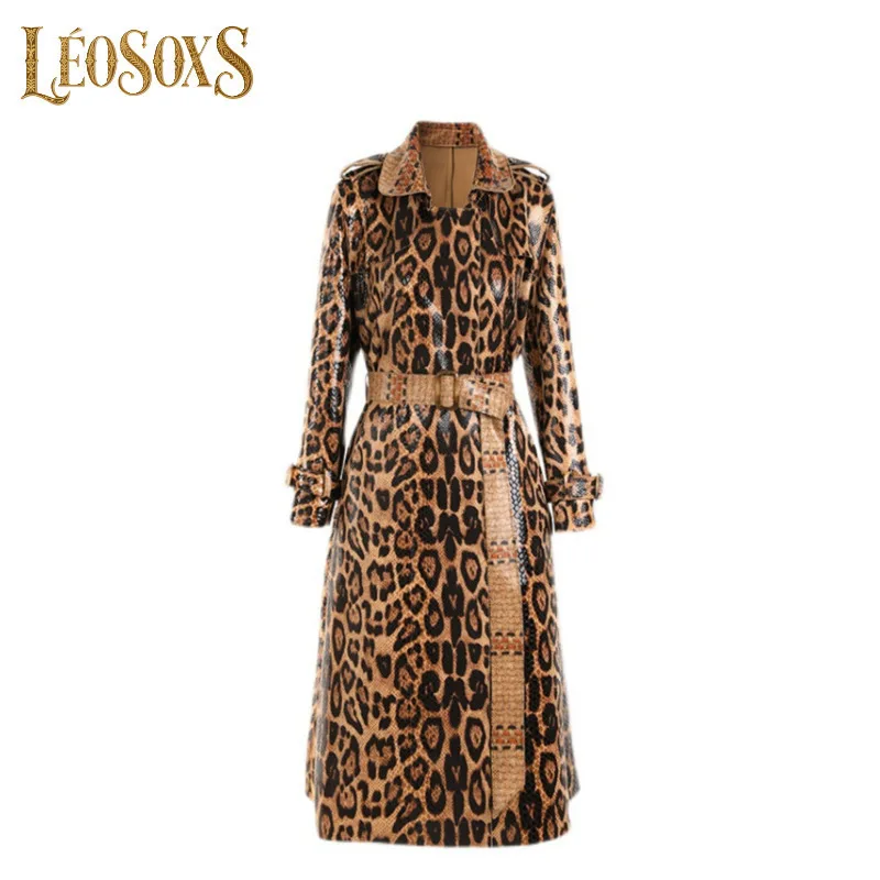 

LEOSOXS Leopard Lapel Women's Trench Coat With Belt Slim Long PU Leather Jackets Elegant Spliced Windbreakers 2025 Autumn New