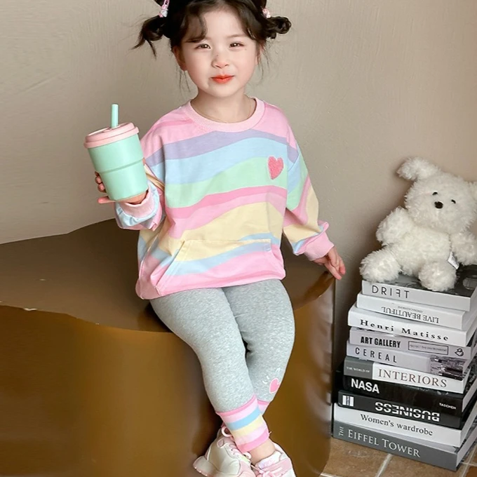 

Girls Suit 2025 Autumn New Children's Clothing Korean Style Girl Baby Sweet Cool Color Hoodie Leggings Two-piece Set Simple