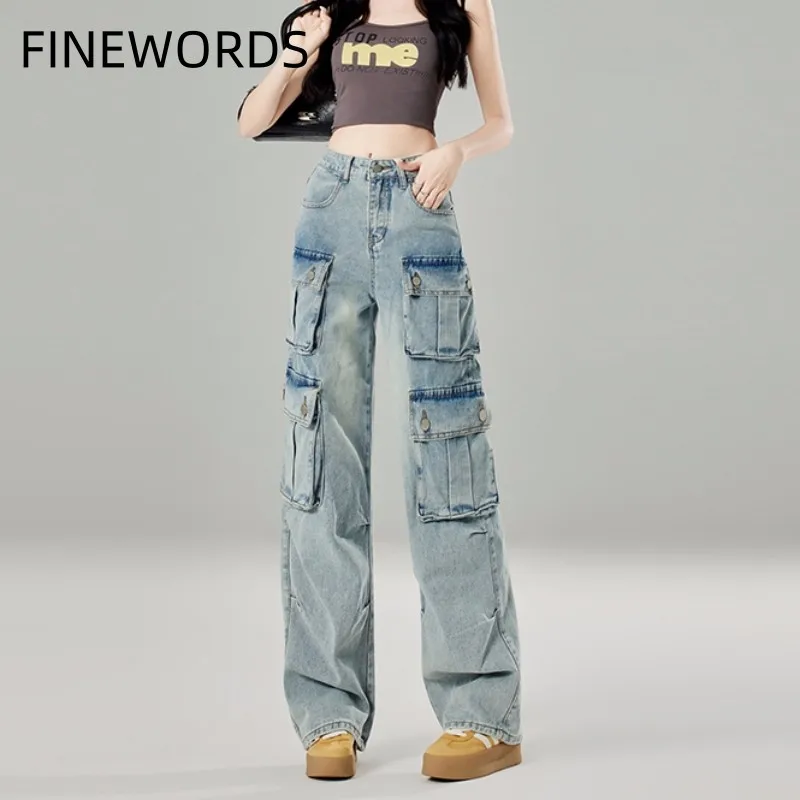 FINEWORDS High Waist Multiple Pockets Loose Women Jeans Korean Casual Vintage Washed Jean Blue Full Length Wide Leg Denim Pants