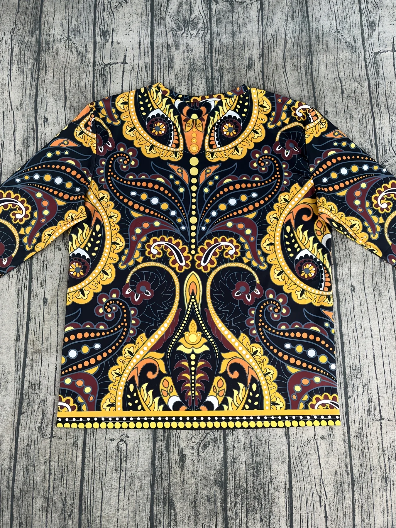 Women's Long Sleeve T-Shirt, Black Base With Vibrant Yellow Orange And Red Paisley Floral Mandala Print, All-Winter Holiday Style Top Suitable For Leisure And Sports Scenarios