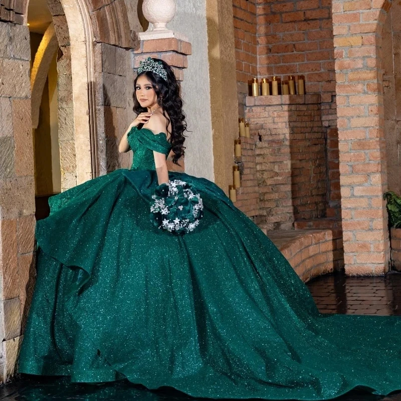 Luxury Emerald Green Ball Gown Quinceanera Dresses Shiny Applique Lace Tull Bridal Gown Party Bride Dresses Vestidos 15 De Novia