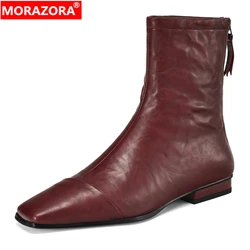 MORAZORA Plus Size 34-43 New Genuine Leather Boots Women Back Zip Solid Color Black Brown Low Heels Ankle Booties Handmade  Shoe