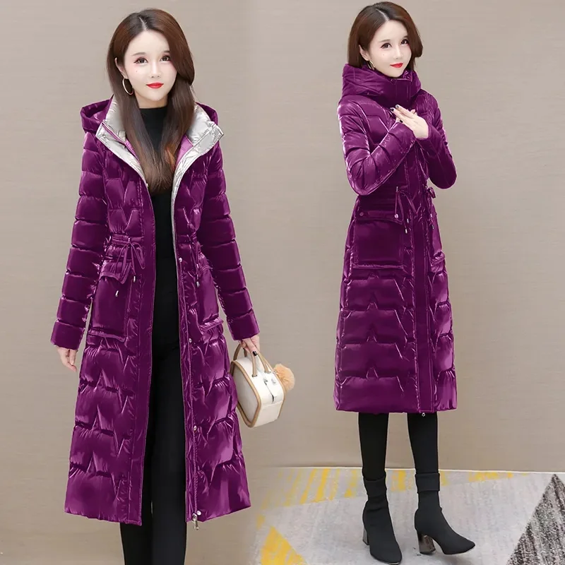 Fantasy Color wash Free glossy Mid length Down Cotton Jacket For Women In 2023 Winter New Fashion Waistband Cotton Jacket P3