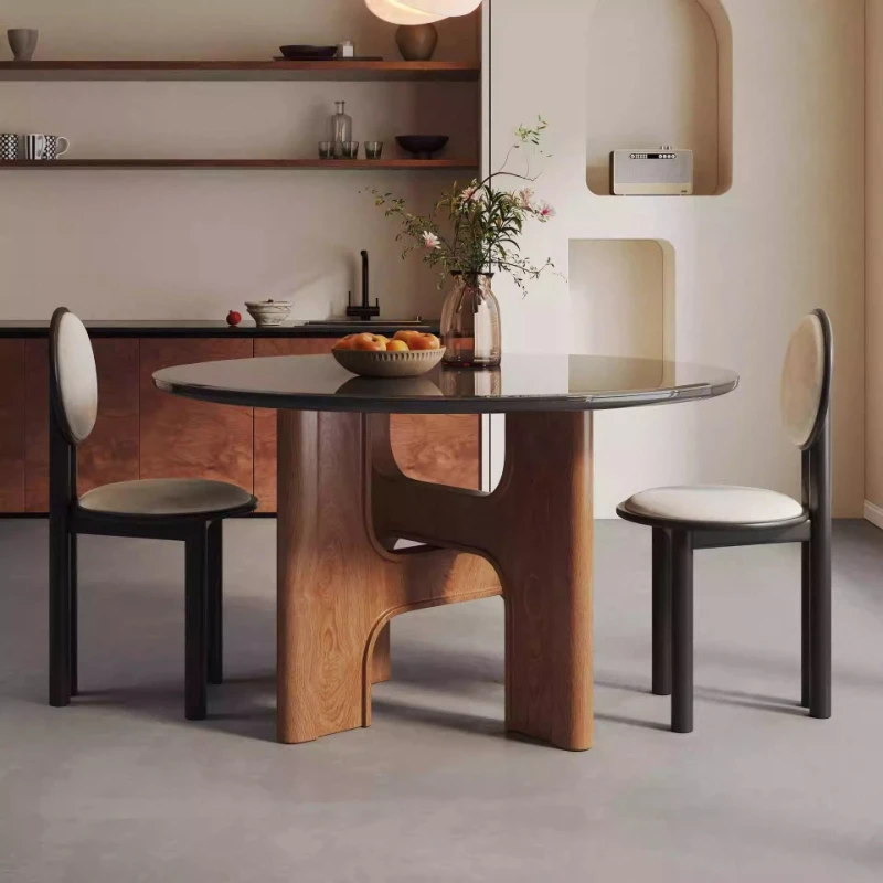 

Solid wood rock slab round dining table and chair combination French cream style household small apartment dining table