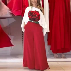 Rose Pattern Lantern Sleeve Loose Off Shoulder Top & Wide Leg Bell Bottoms Pants Women 2pcs Clothes Set