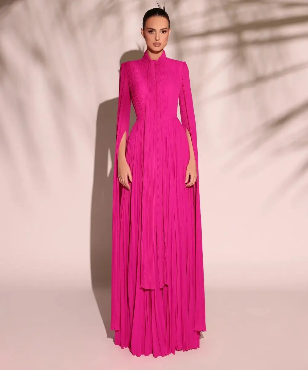 

Arabic Fuchsia Evening Dresses Vintage Long Sleeves Chiffon Prom Gowns Elegant Floor Length Customized Dubai Wedding Guest Gowns