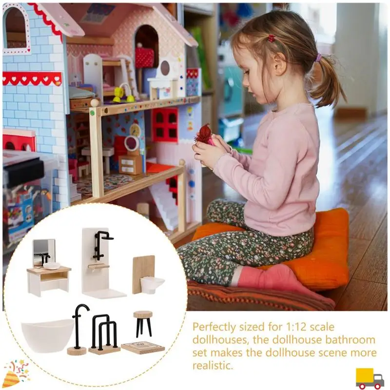 

8Pcs Bathroom Toilet Bathtub Basin Wooden Bathroom Cabinet With Sink Miniature Furniture For Doll Durable Easy Install