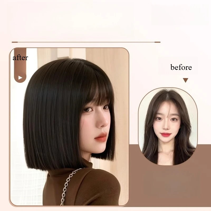 Full-head wig for women, realistic human hair, natural voluminous, age-defying, one-cut bob, collarbone-length short hair.