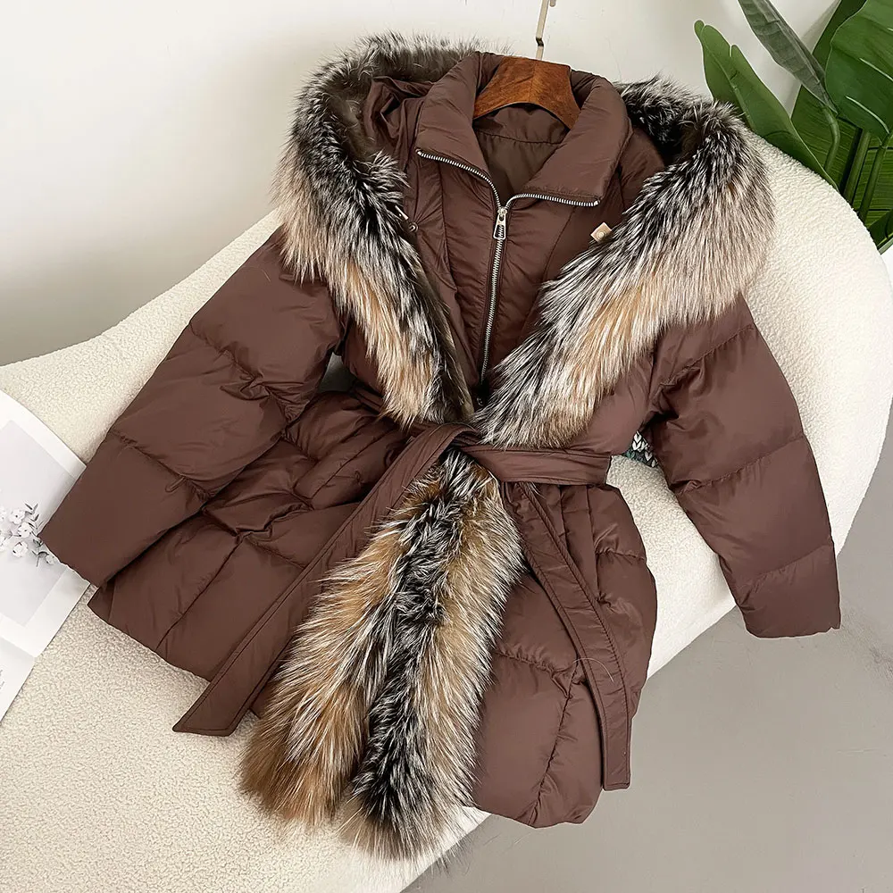 2024 Winter Jacket Women Hooded Natural Real Fox Fur White Duck Down Coat Thick Warm Streetwear Casual Outerwear Puffer Jacker