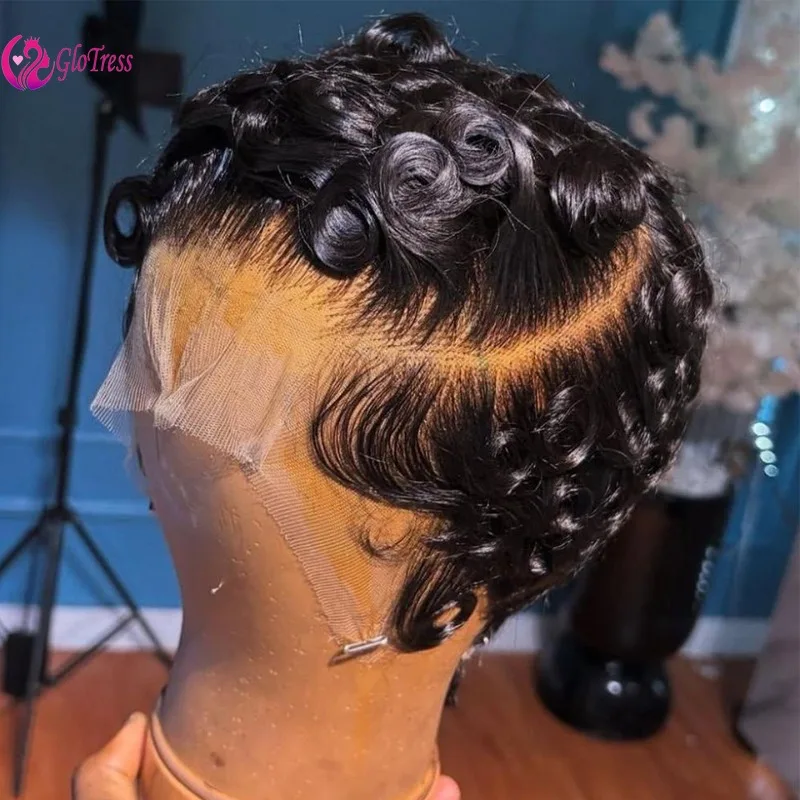 Peluca de cabello humano Frontal de encaje 13x4 de corte Pixie para mujeres 180% de densidad 4 pulgadas prearrancada con pelo de bebé línea de cabello Natural cabello Remy