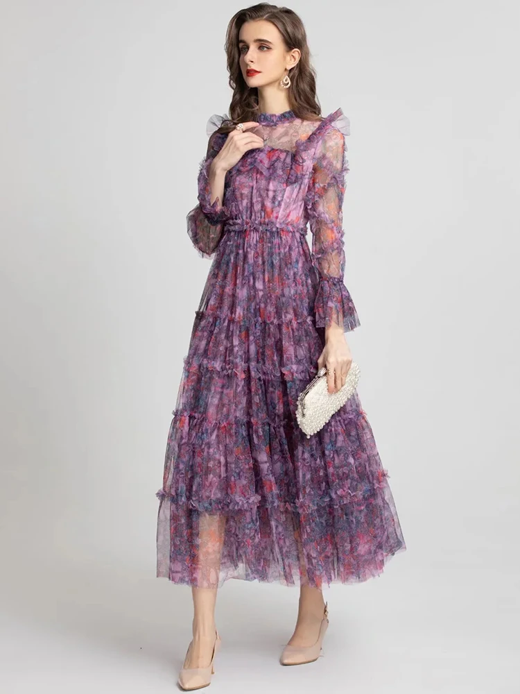 DLDENGHAN Women Mesh Dress Stand Collar Flare Sleeve Ruffles Flowers Print Vintage Party High Waist Long Dresses Summer New