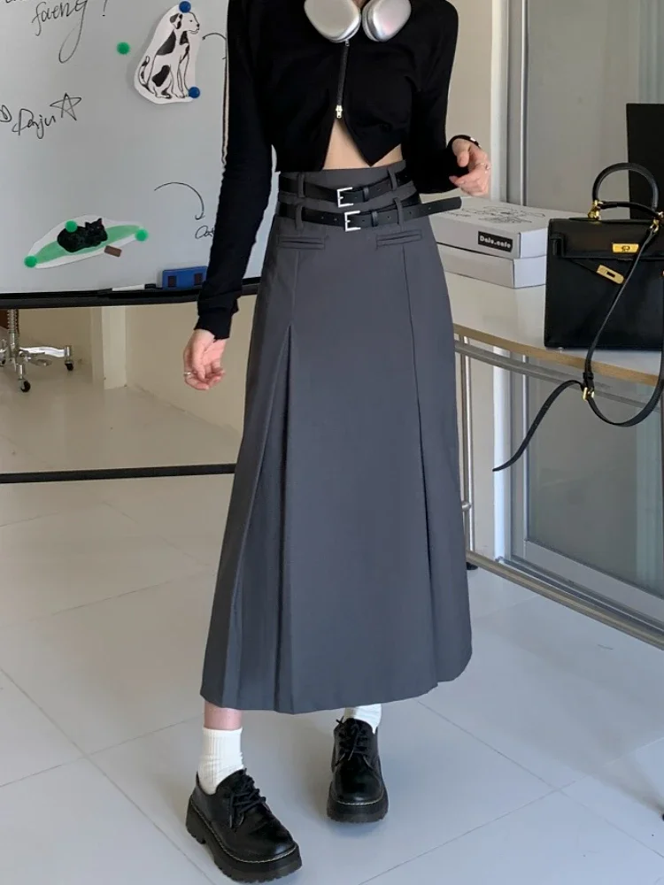 

DEEPTOWN Grey Long School Skirt Women Vintage Streetwear High Waist A-line Slim Korean Style Pleated Midi Skirt Autumn Fashionl