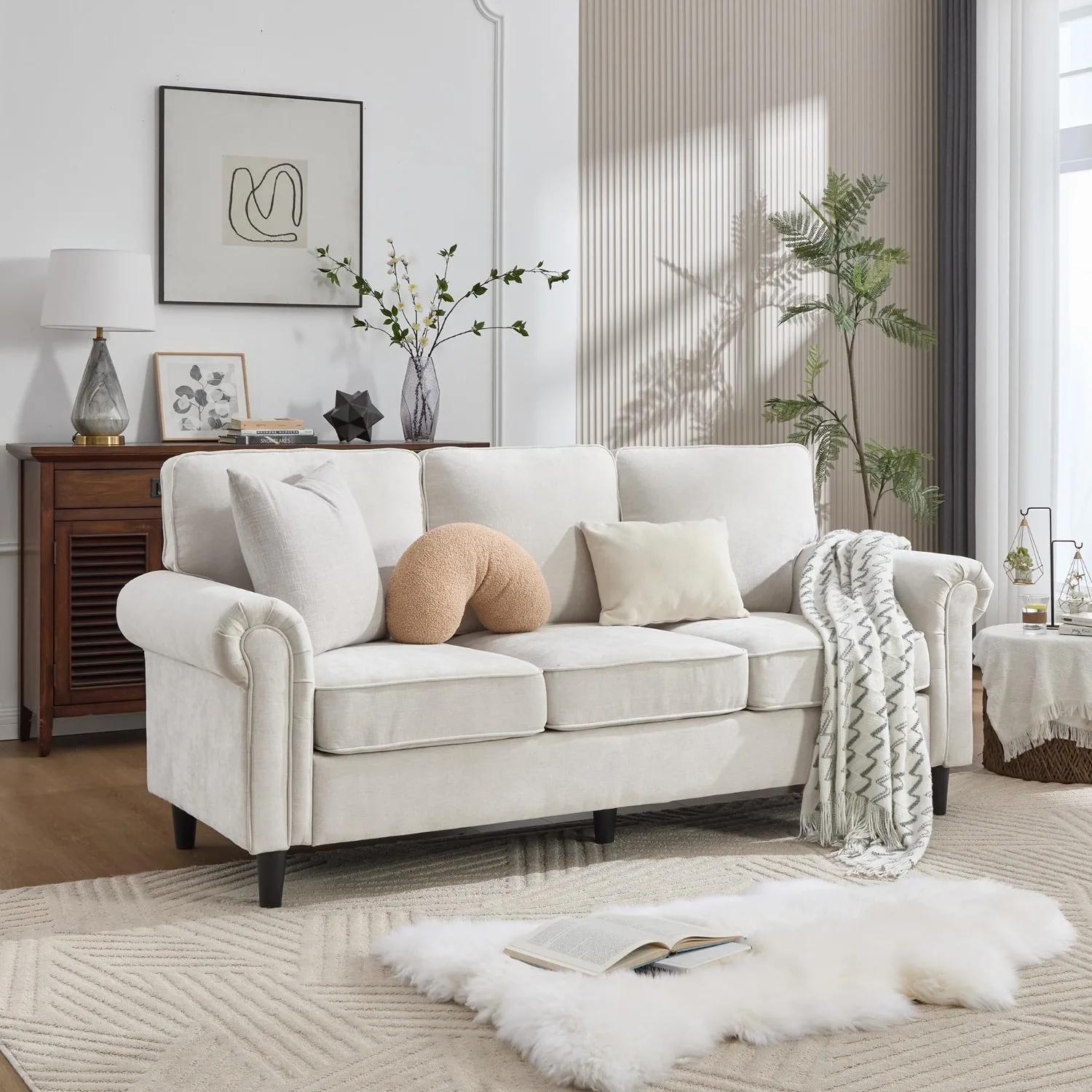 3 Seater Couch, Mid Century Modern Sofa with Rolled Arms and Deep Seats, Fluffy Comfort for Living Room, Apartment