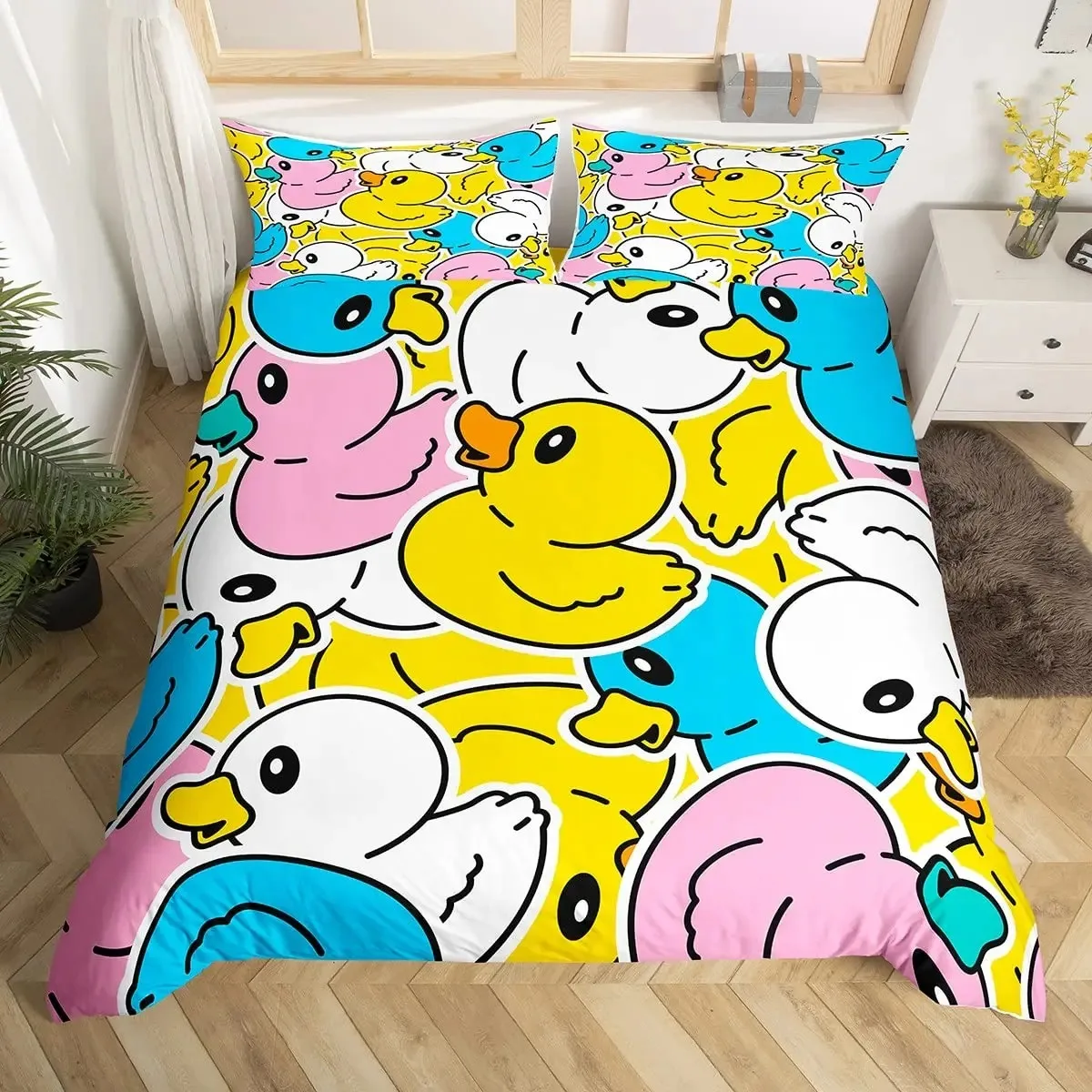 Cute Duck King Queen Duvet Cover Cartoon White Goose Bedding Set Funny Farmhouse Animal Comforter Cover Polyester Quilt Cover