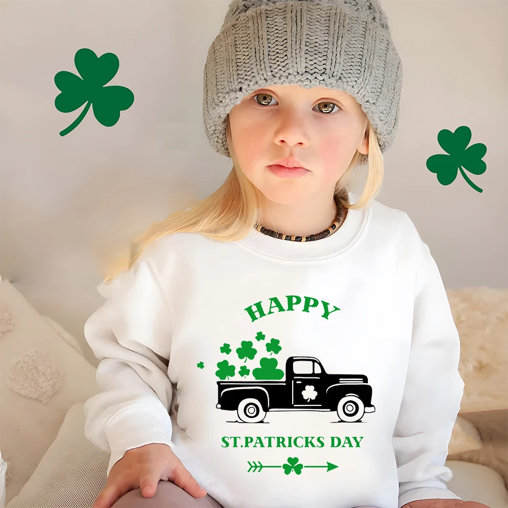 

Happy St Patricks's Day Kids Sweatshirt Clover Graphics Print Child Pullover Long Sleeve Warm Top Festival Gifts To Kid