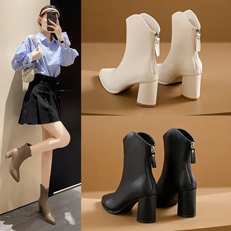 

Fashion Boots 2023 Chunky Heeled Women Fashion Boots Web Celebrity Matching Medium Heel Slim Chelsea Ankle Boots