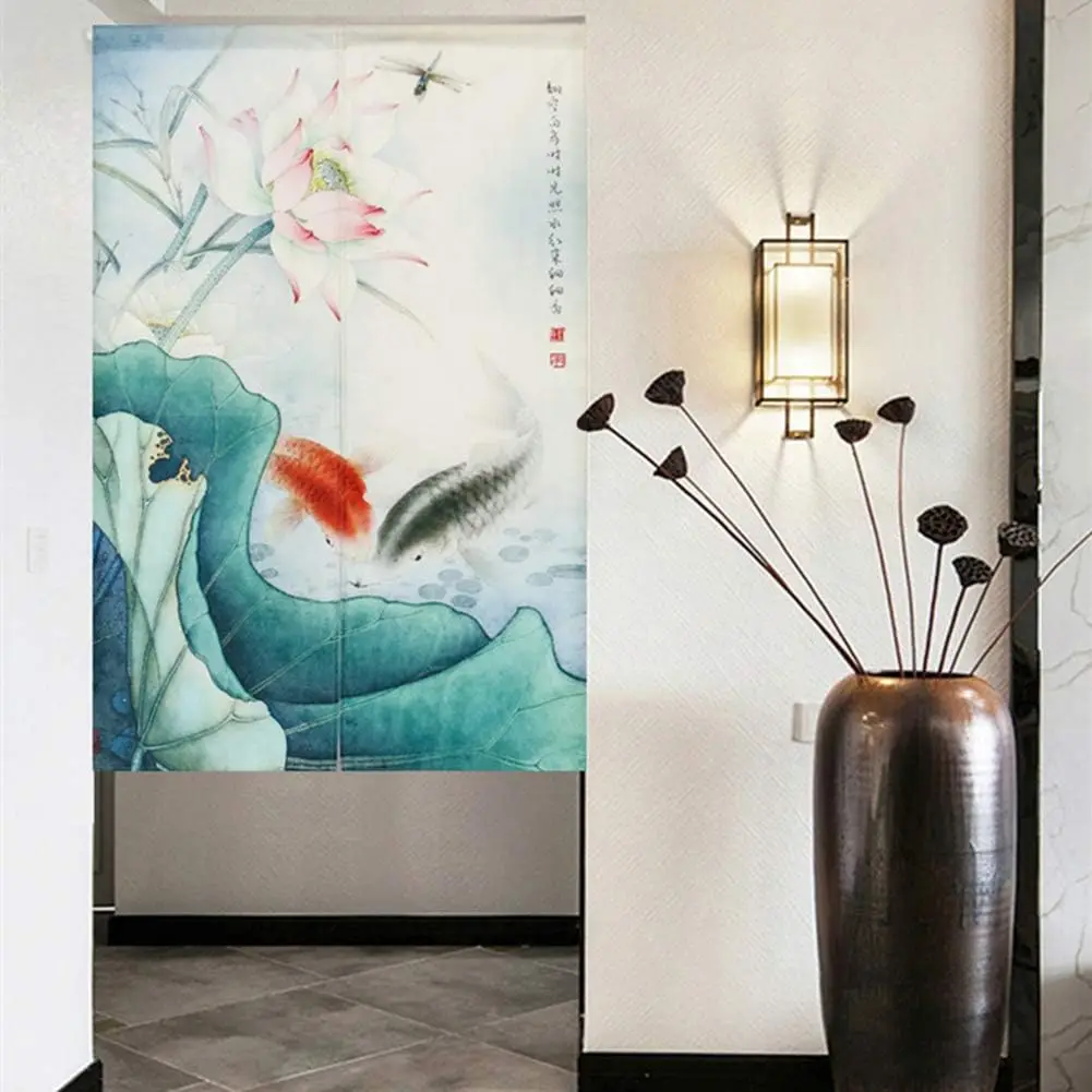 Tranquil Chinese Lotus & Fish Curtain, Light Blue Background Hand Painted Lotus, Koi & Dragonfly, Elegant Study Room Divider