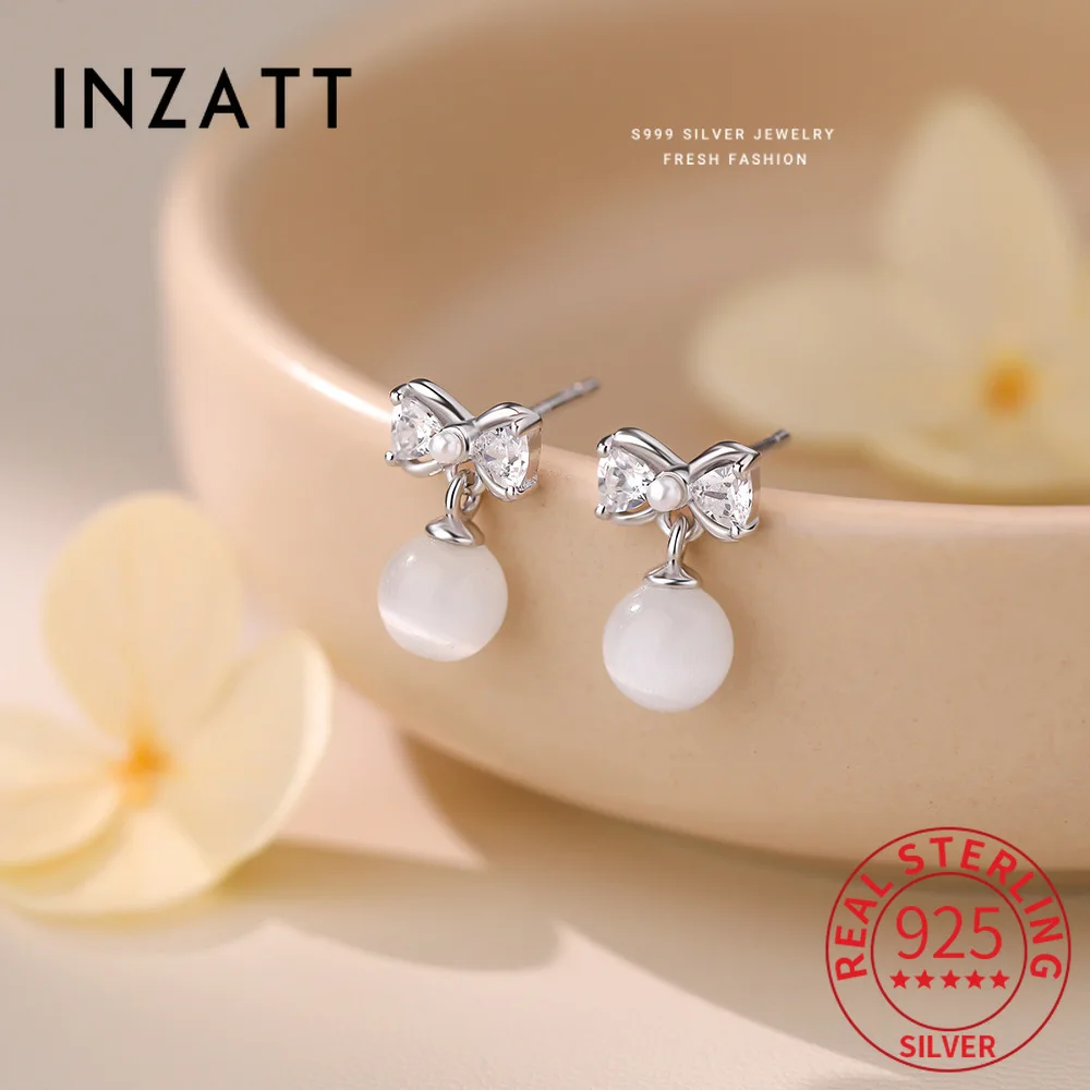 

INZATT Real 925 Sterling Silver Zircon Bowknot Pearl Stud Earrings for Women Party Cute Fine Jewelry Light Luxury Accessories