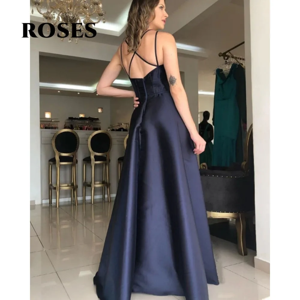 ROSES Sexy Backless Prom Dresses for Woman Sweetheart Spaghetti Straps Ball Gown Satin A-Line Prom Gown with Fishbone Customized