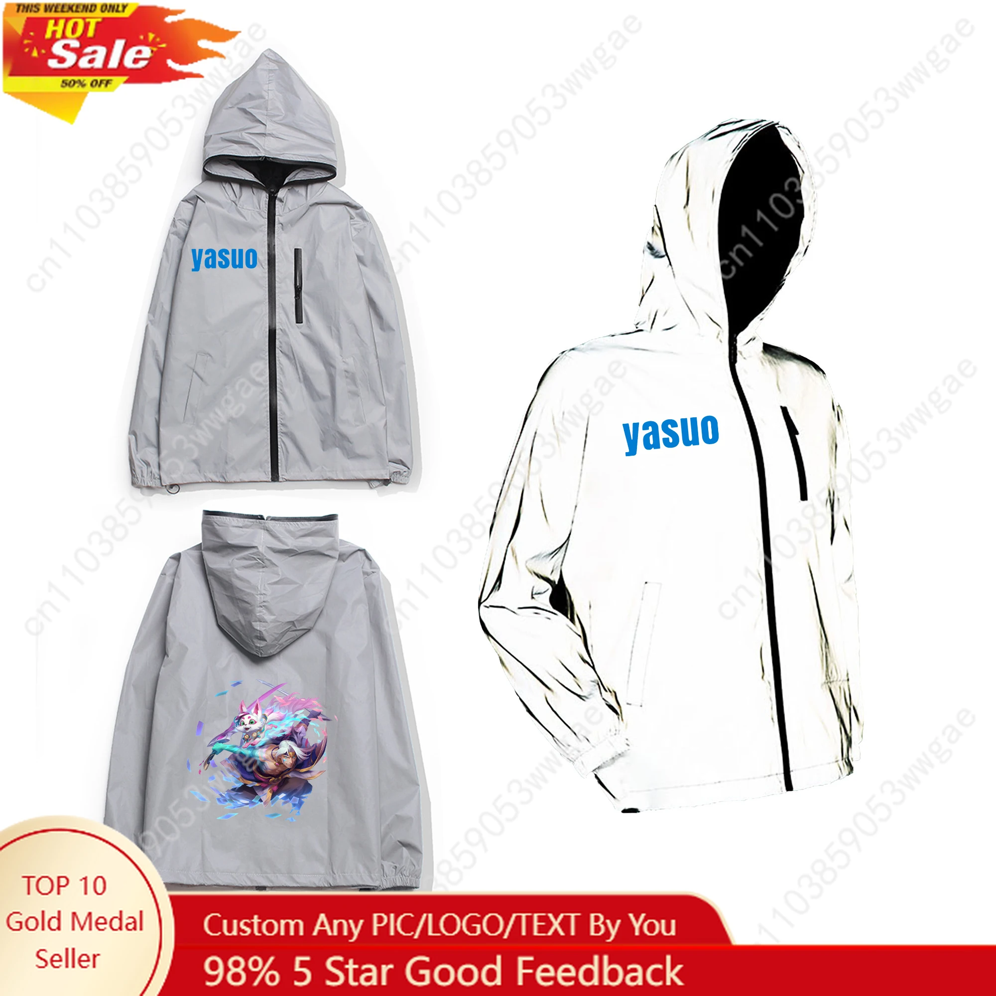 

Yasuo Reflective Jacket Men Women Coat Hooded Windbreaker Run Pocket Jackets Cycling Hiking Zipper Cartoon Customized Hoodies
