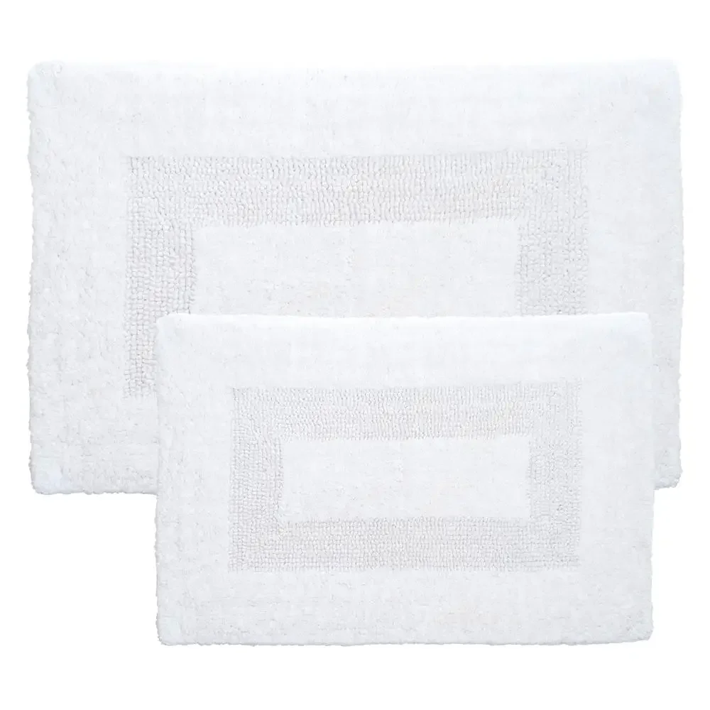 Soft Cotton Bathroom Mat Set Reversible and Absorbent White 2-Piece Kit