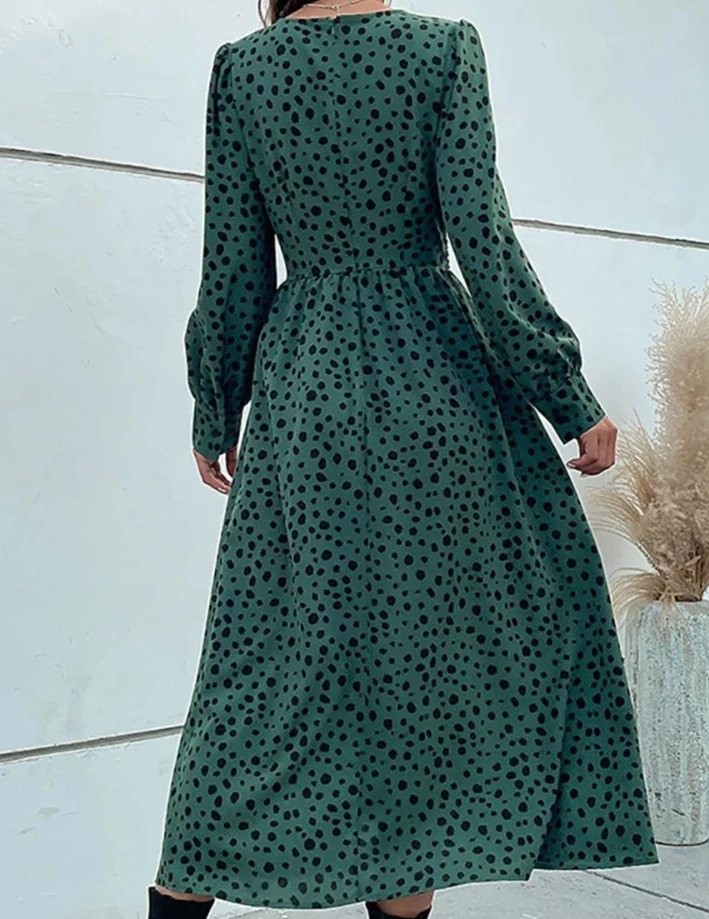 Fashion Autumn Women's V Neck Green Long Sleeve Leopard Print Dress Ladies High Waist Chic Dresses Vestidos