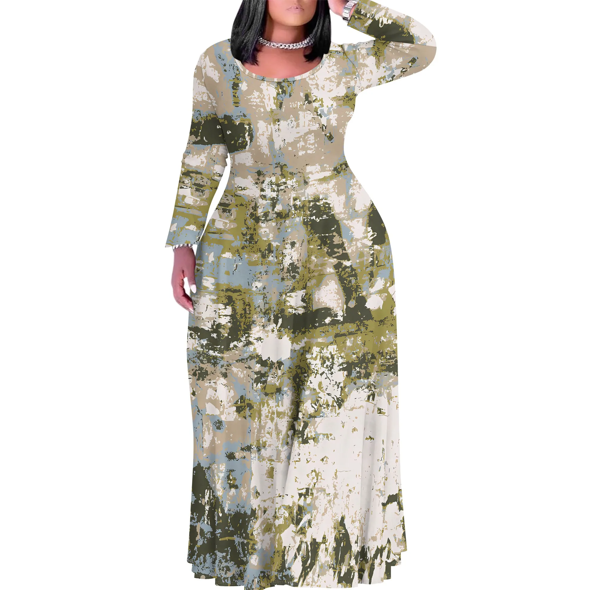 

Women's Summer/Fall Fashion Printed Long Sleeve Splits On Both Sides Maxi Dress Round Neck Long Sleeve Maxi Dress