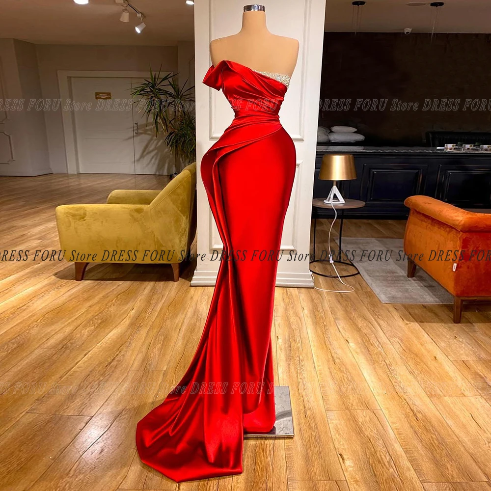 

Sheath Strapless Prom Dress Pleat Long Engagement Wedding Party Gown Red Satin Beach Gala Glitter Bead Custom Size Vestidos 2023