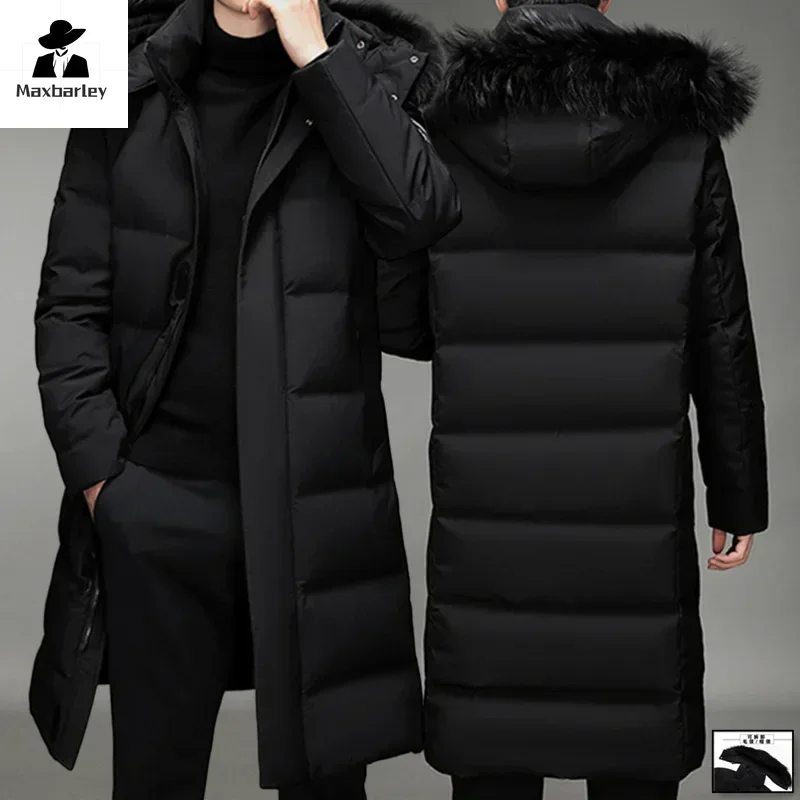 

Luxury Men Winter Long Down Coat Light Trim Hood Windproof Design White Duck Down Insulation Korean Style Thick Snow-Proof Parka