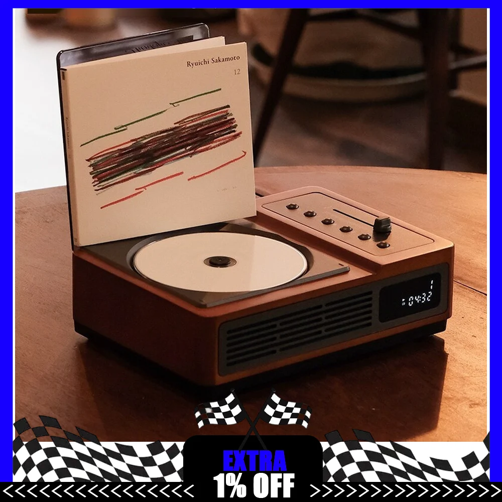 THINKYA R02 Retro CD Player Bidirectional Bluetooth FM Radio Hi-Fi Wooden Stereo Speaker All-in-One Album Player for Home
