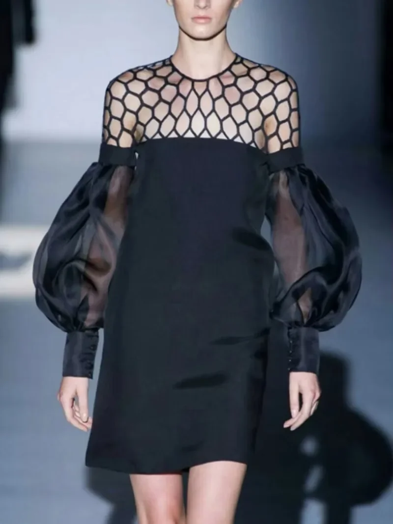 Gymystars Avondjurk Lange mouwen Mini-jurken Mode Temperament Mesh Doorzichtige O-hals Pofmouwen Elegante feestjurken
