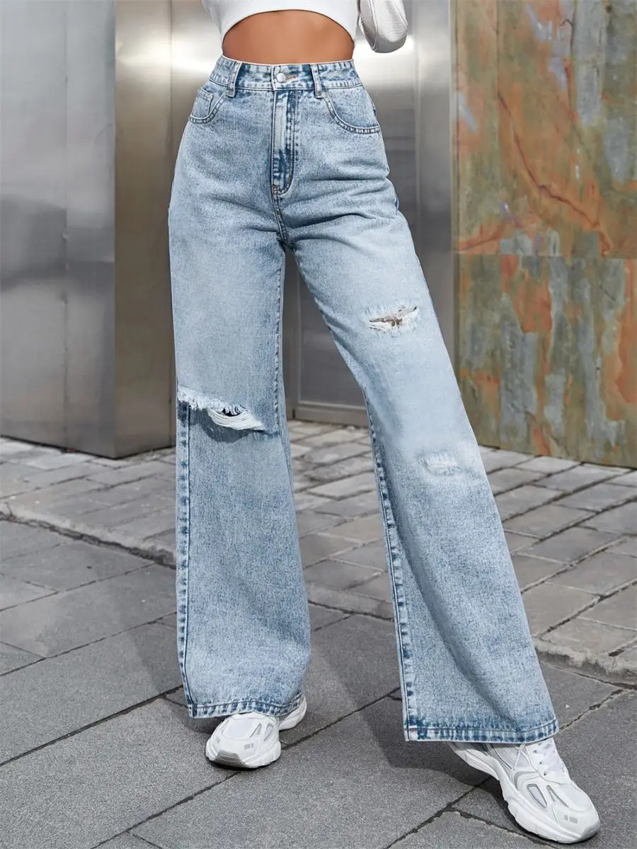 

Fashionable Casual Denim Jeans Women's Hole Punch Long Pants Trendy Loose Fit Straight Leg Blue Denim Trousers for Women