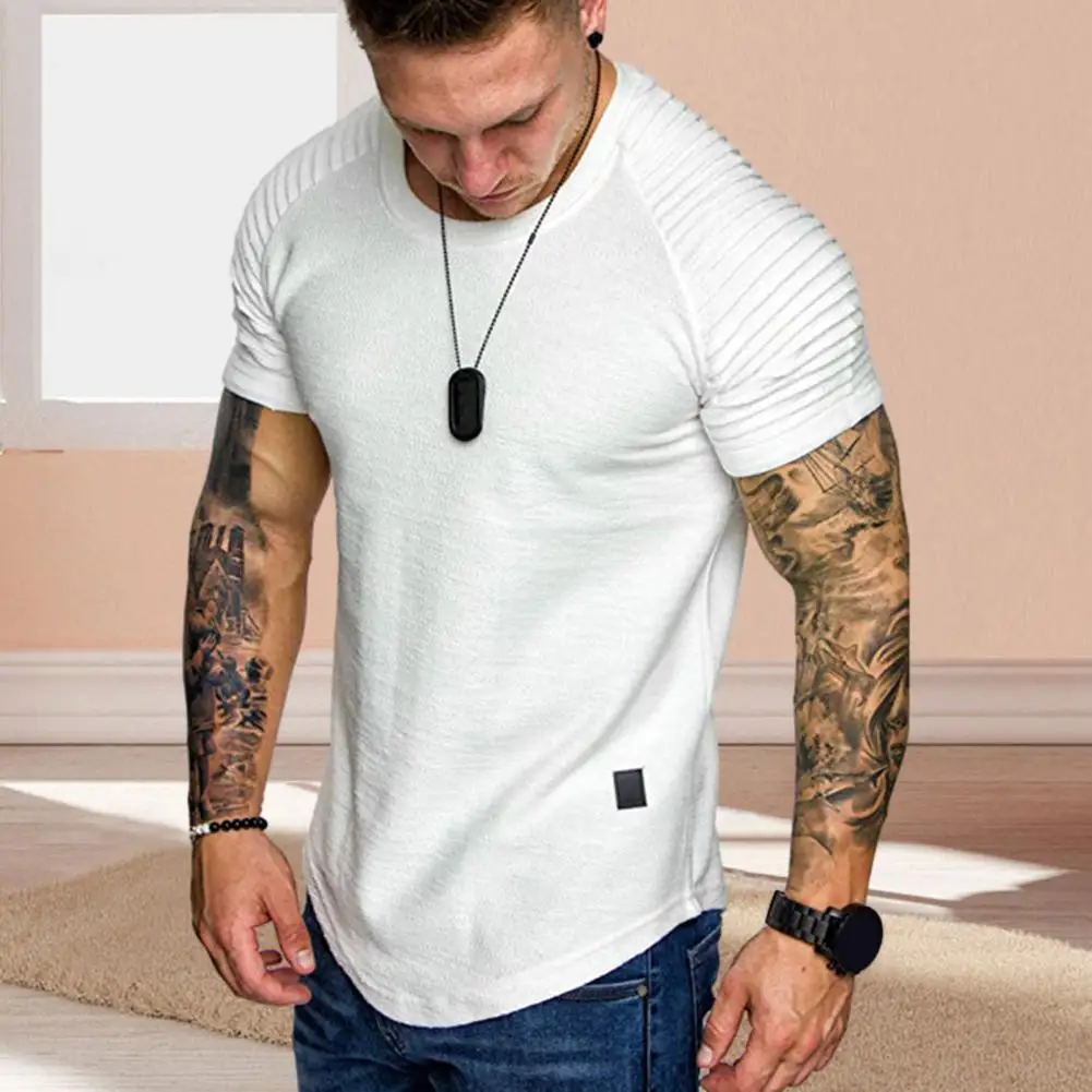 Men Cotton Blend T-shirt Men\'s Summer Pleated Wrinkled Raglan T-shirt Slim Fit Solid Color Pullover Tops for Streetwear Style